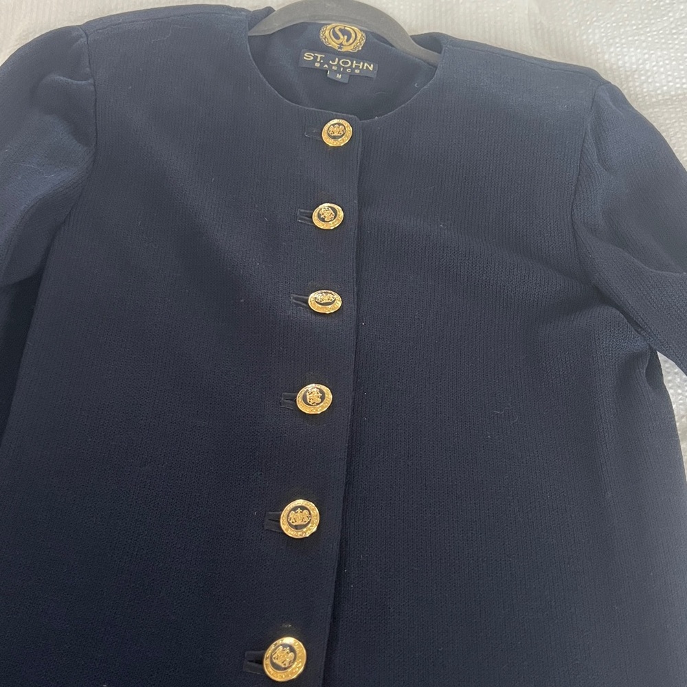 St. John Basics Long Sleeve Santana Knit Gold Buttons Jacket In Navy Blue Medium - Picture 5 of 5
